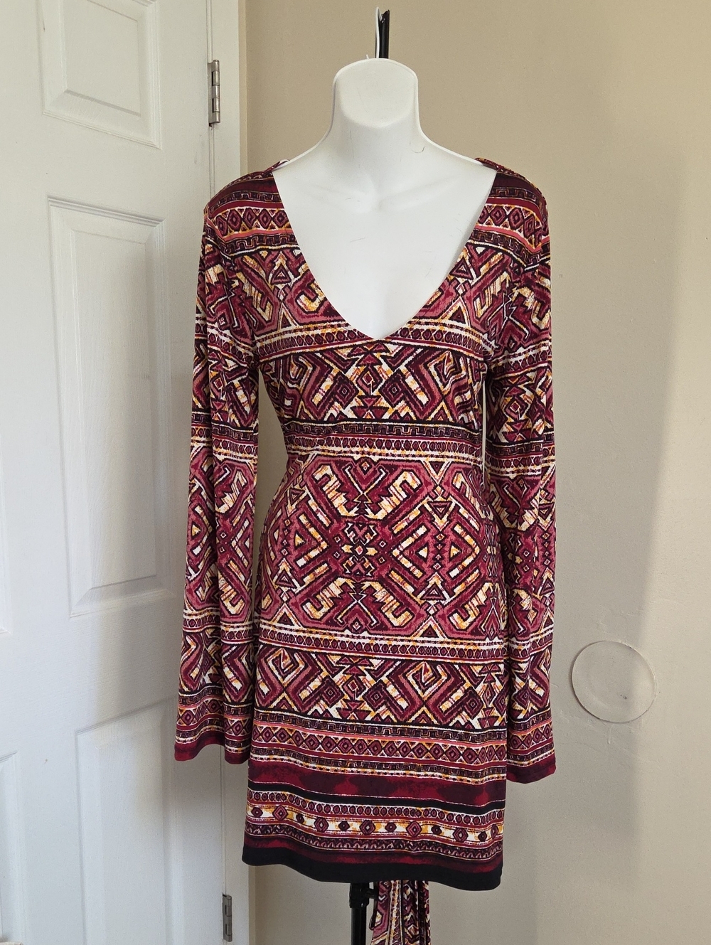 Moda International Long Sleeve Geometric Burgundy Printed Dress